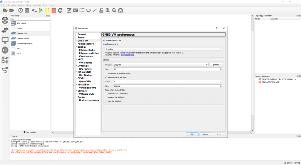NAT interface vmnet8 is missing on GNS3 Windows 8