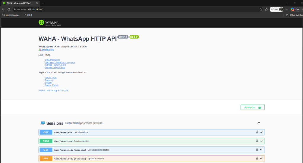 Setup WAHA (WhatsApp HTTP API) di Docker 10 DashboardWEBUIWAHA